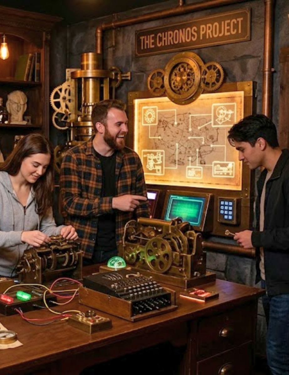 Group playing a themed escape room in the Black Hills, solving clues at a puzzle table
