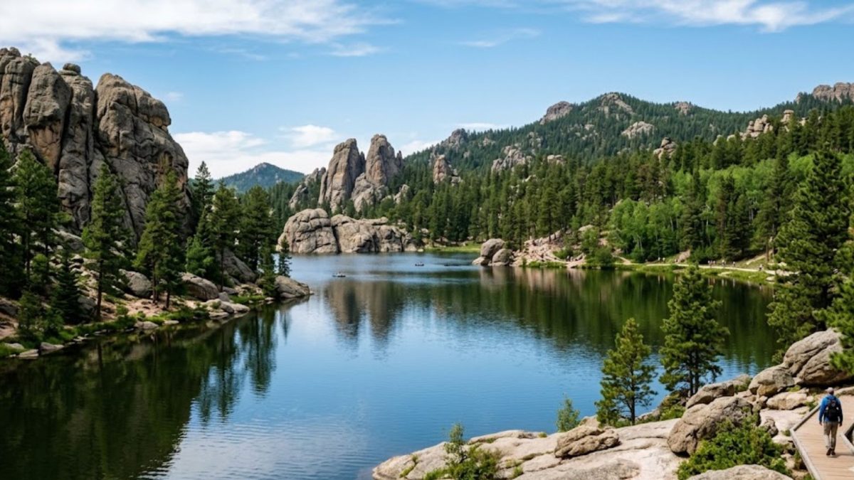 A tranquil alpine lake surrounded by rocky cliffs and dense pine forest, with a wooden boardwalk and hikers along the shore.