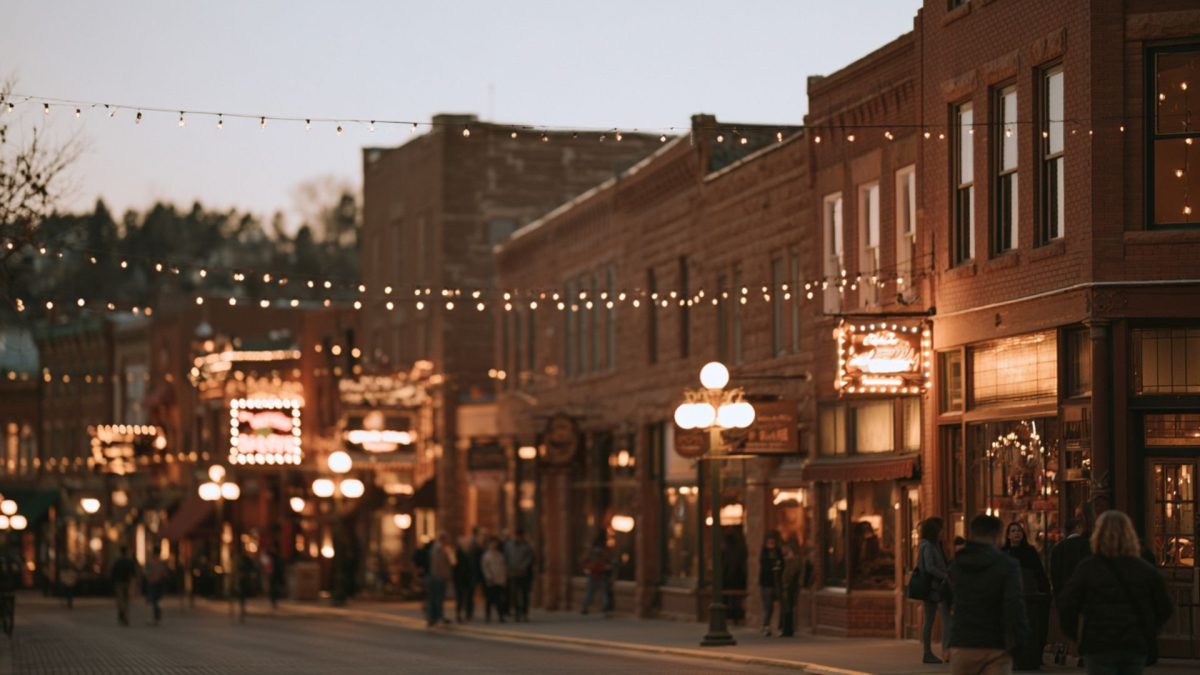 The lively town of Deadwood at dusk with people walking the historic streets