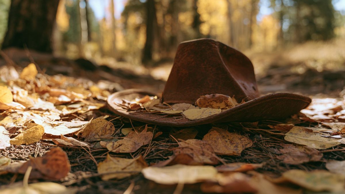 A cowboy hat resting along the colorful leaves of fall in the Black Hills