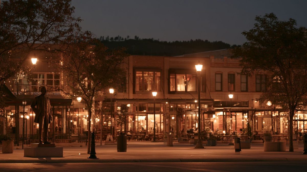 Rapid City SD plaza lit under glowing streetlights