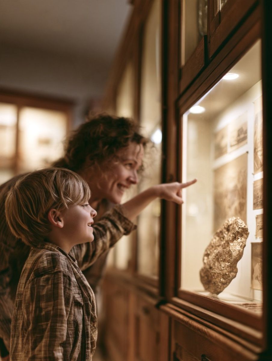 Mother and son pointing at a gold nugget display at the Adams Museum, one of the most popular Deadwood museums