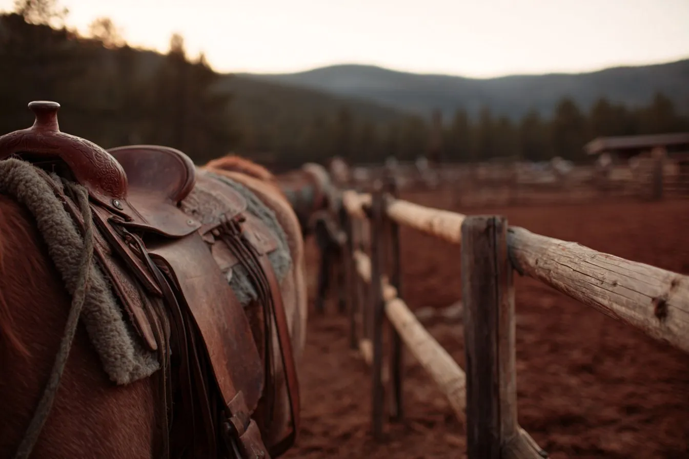 Western saddle on a horse beside a wooden rodeo arena fence with pine-covered hills behind