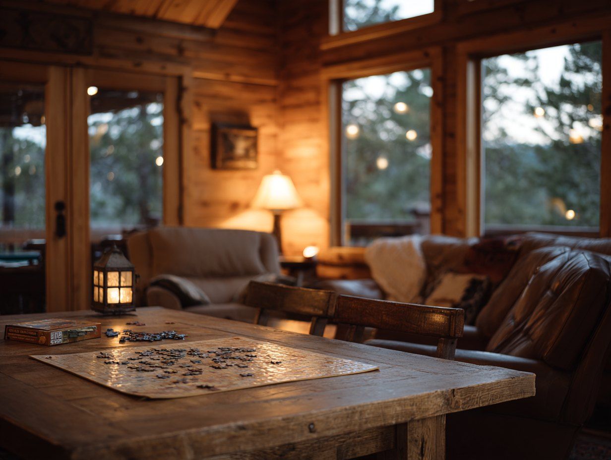 Cabin great room with a jigsaw puzzle and lantern on a wooden table at dusk
