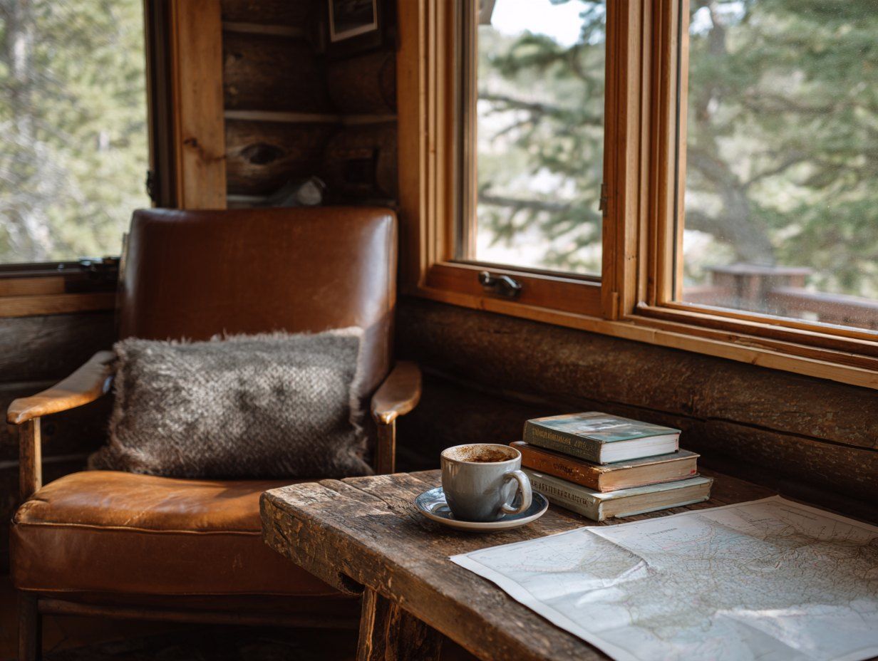 Cabin reading nook with a leather chair, coffee, history books and a map by a window facing the pines