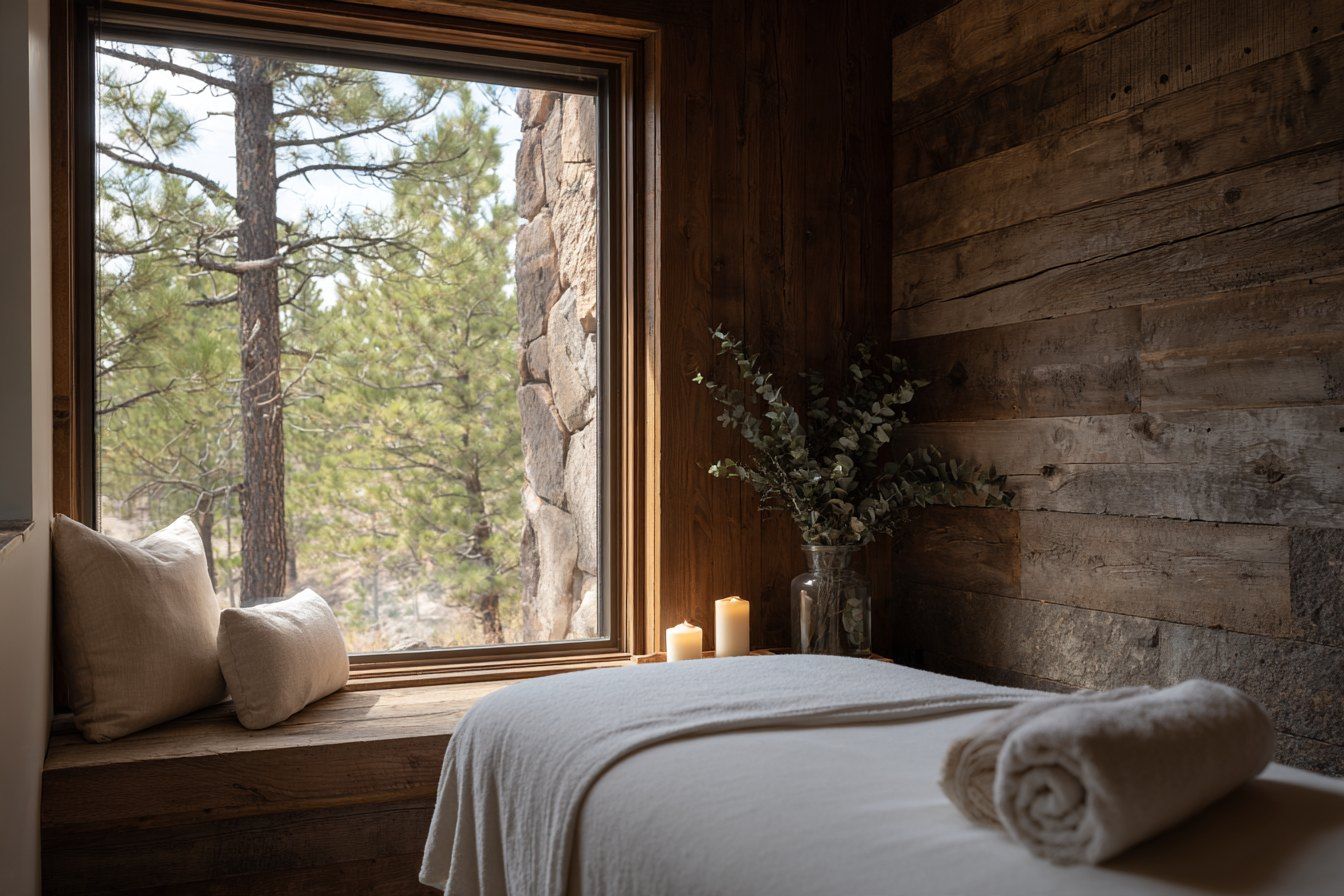 Spa treatment room with a massage table and a window framing ponderosa pines