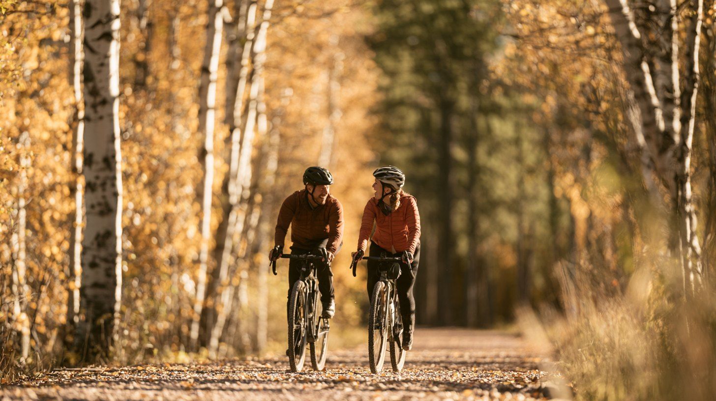 Couple riding bikes on a trail through golden aspens during Black Hills fall color