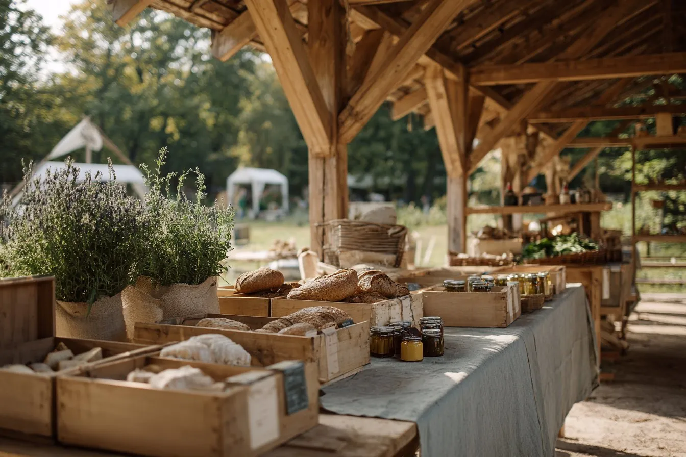 Fresh bread, honey jars and herbs in wooden crates under an open-air market pavilion