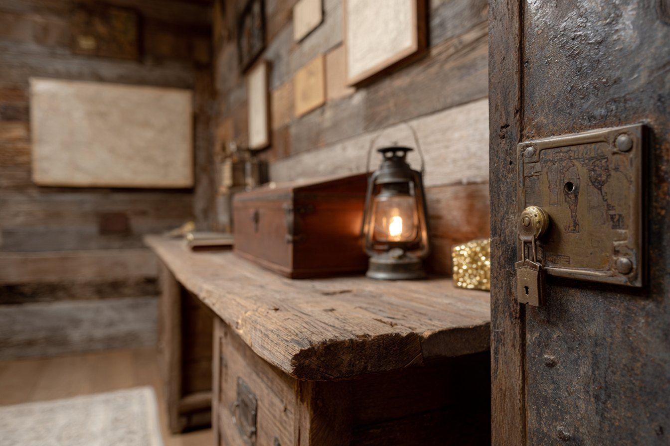 Gold rush themed escape room with a lantern, puzzle chest and padlocked door