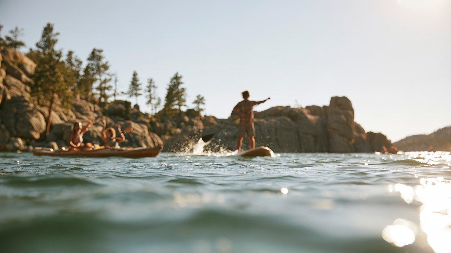 Friends paddleboarding and kayaking on a granite-lined Black Hills lake in summer