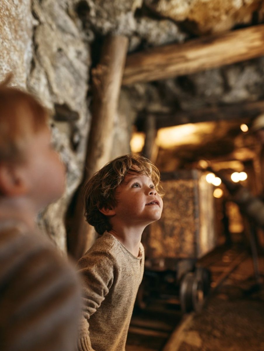 Child looking up in wonder on the underground mine tour at the Black Hills Mining Museum in Lead, SD
