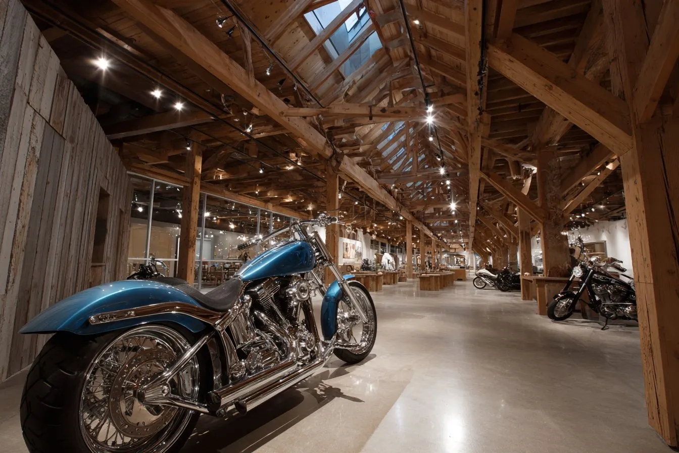 Custom blue chrome motorcycle on display in a timber-beamed event hall
