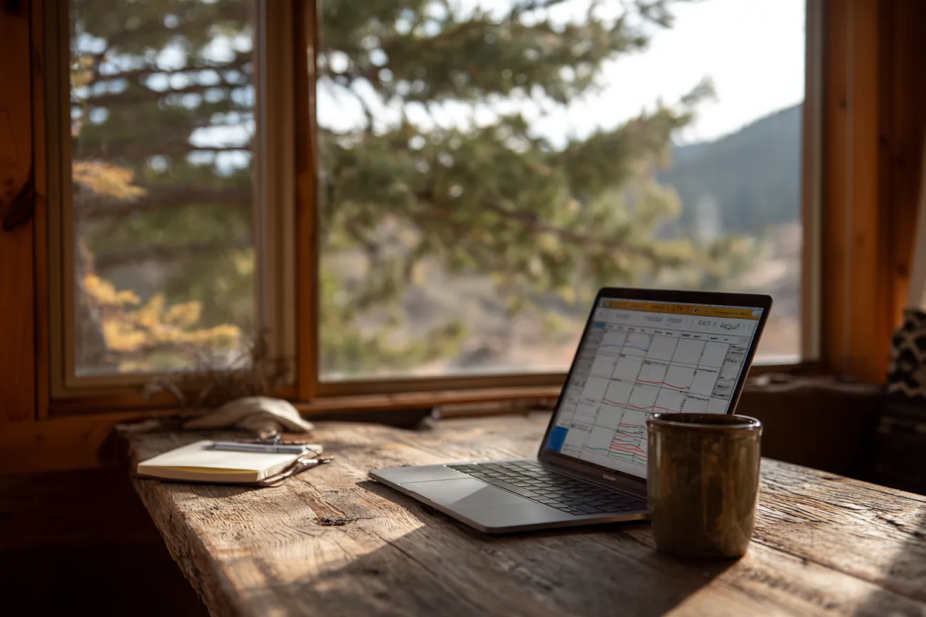 Laptop showing a vacation rental booking calendar and rate chart on a wooden desk by a cabin window