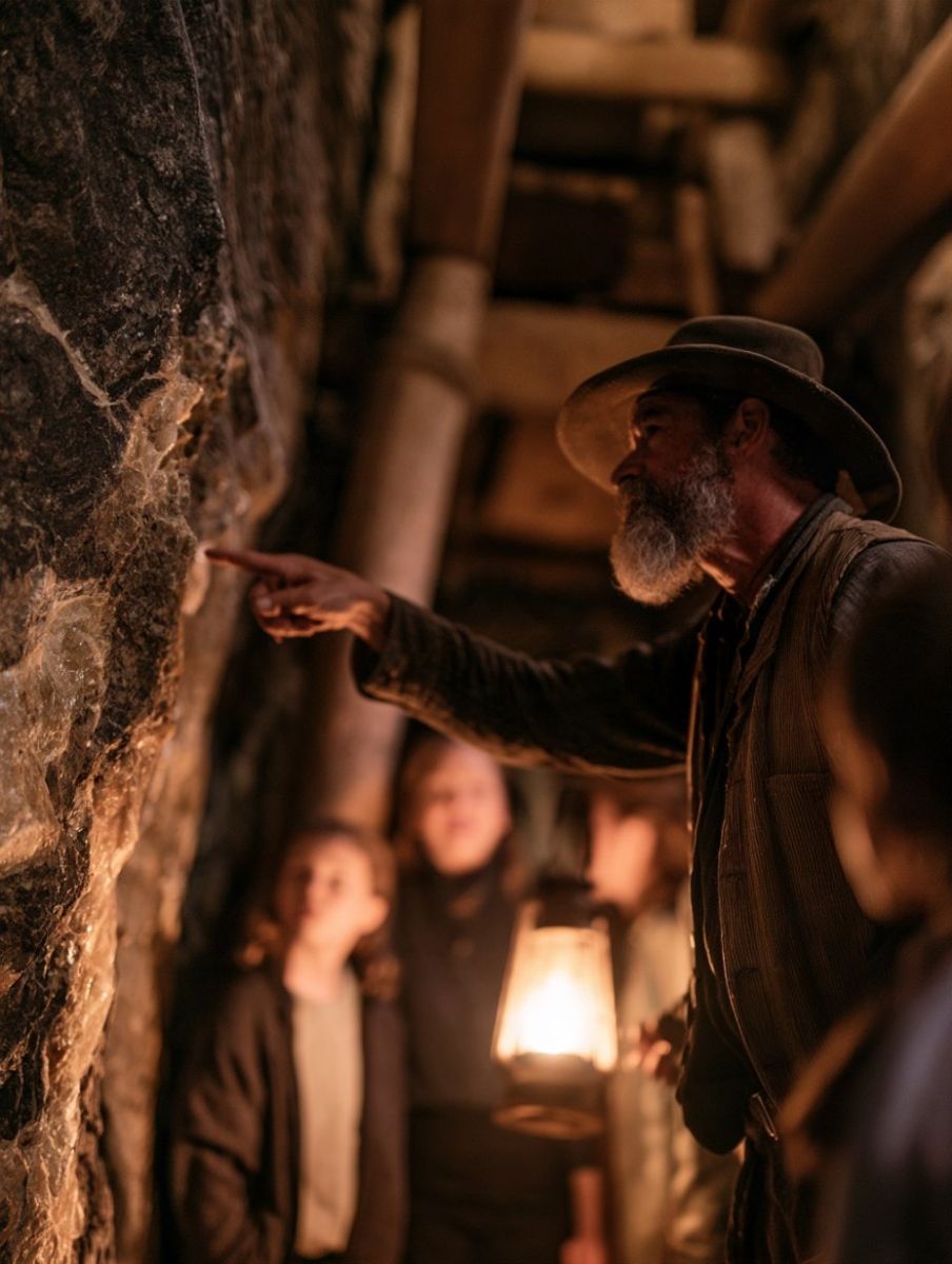 Guide pointing out a quartz vein by lantern light inside the Broken Boot Gold Mine in Deadwood