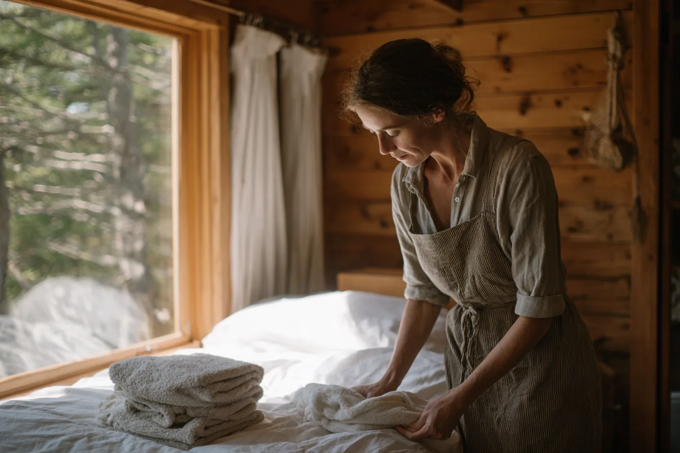 Housekeeper making up a cabin bed with fresh white linens and folded towels