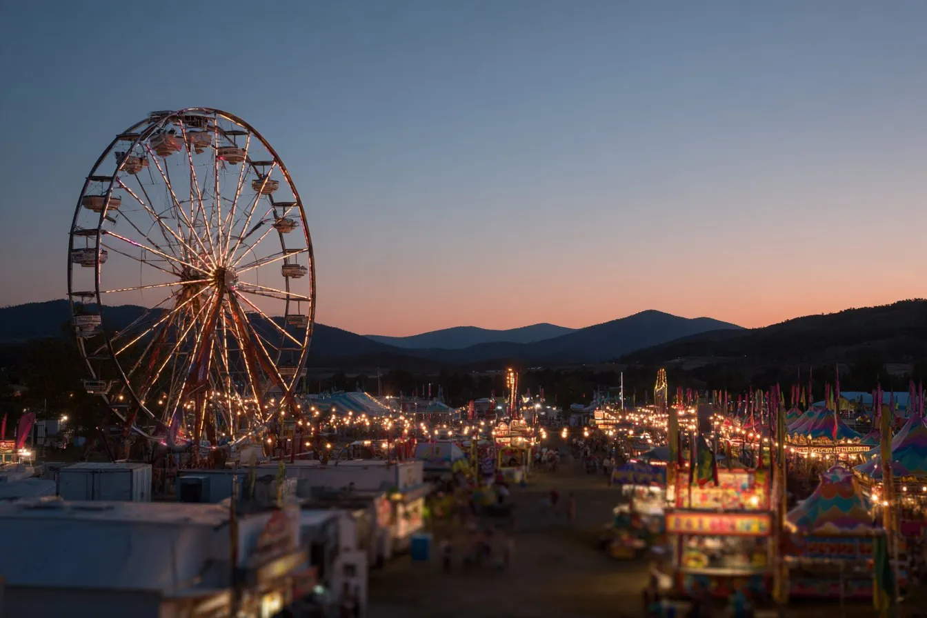 Lit Ferris wheel and glowing carnival midway at dusk with hills on the horizon