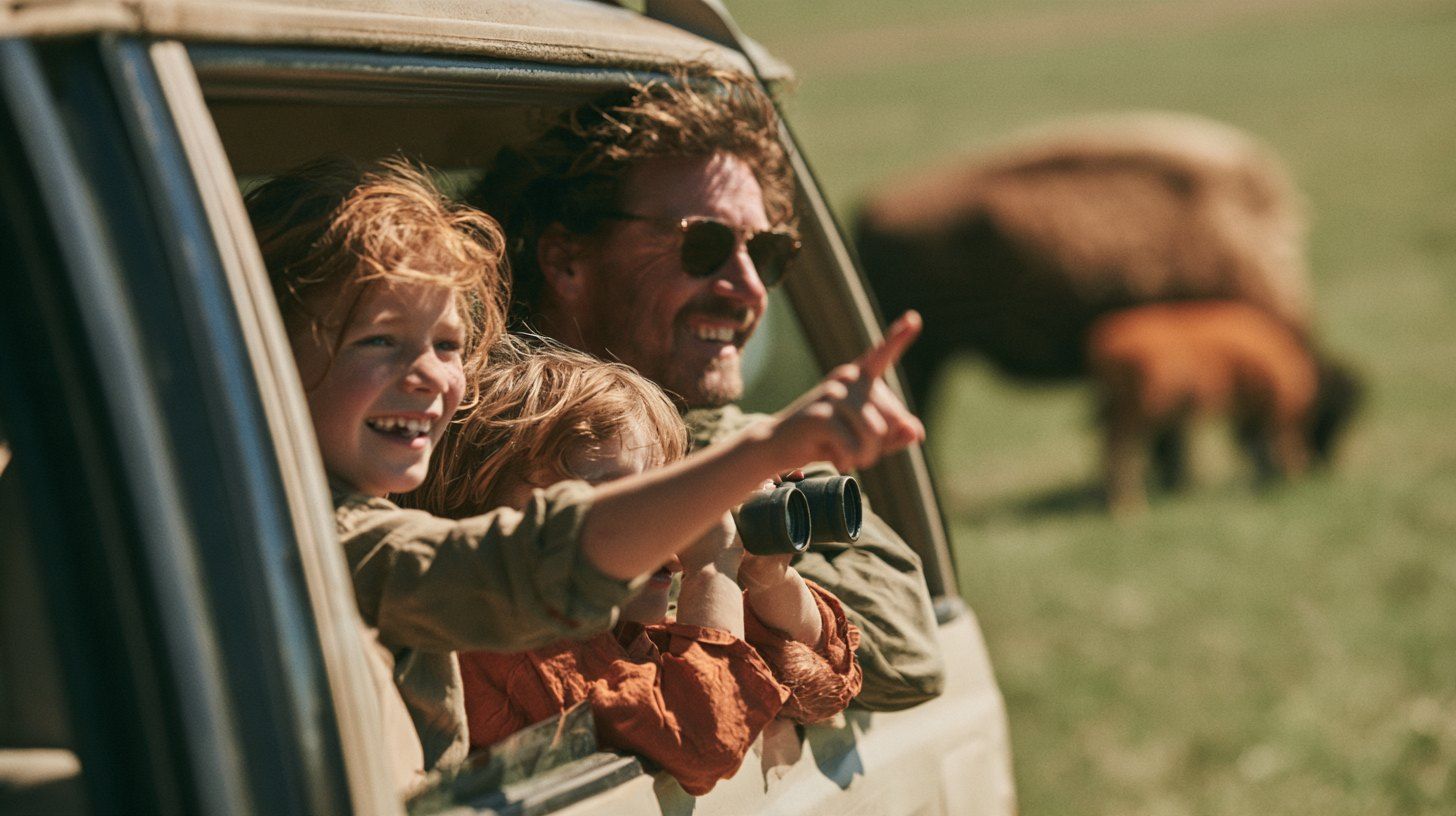 Kids with binoculars pointing at a bison and her calf from a car window in Custer State Park in spring