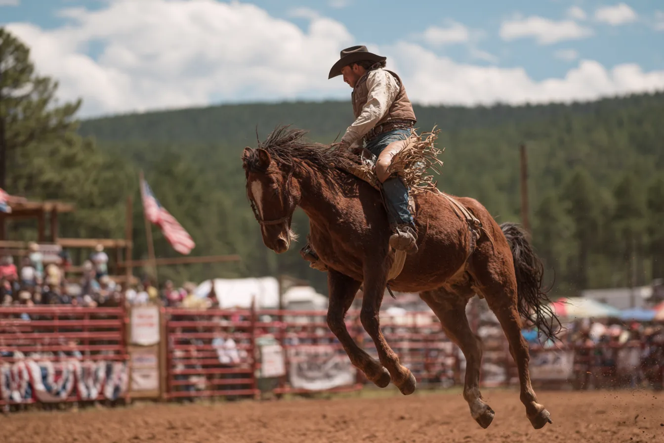 Rodeo cowboy riding a bucking bronc in a red dirt arena with American flags and bunting along the fence