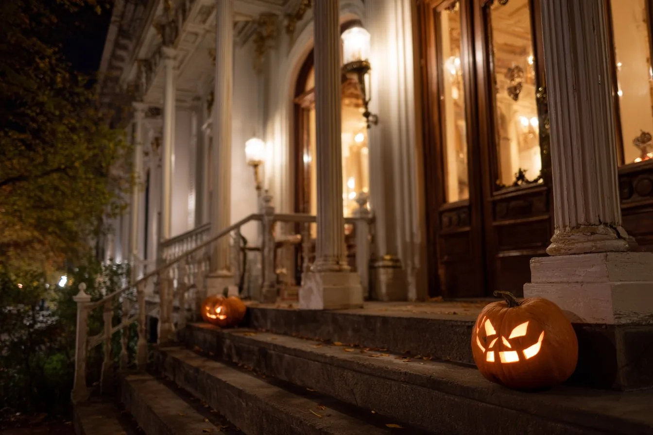 Glowing jack-o-lanterns on the steps of a grand historic hotel at night