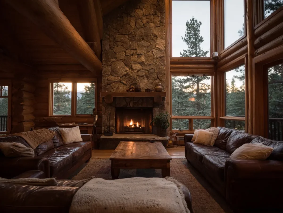 Log cabin great room with a stone fireplace, leather sofas and tall windows overlooking pine trees at dusk