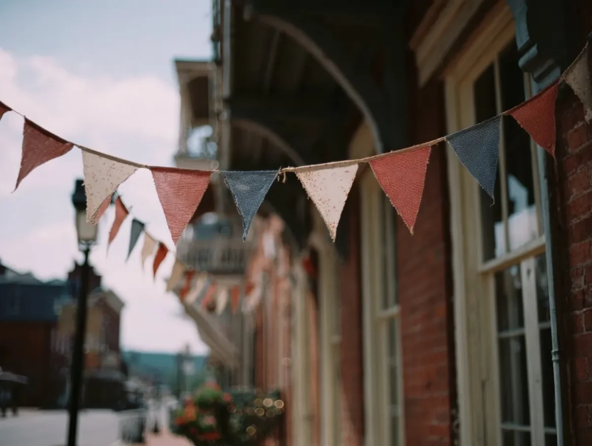Red, white and blue fabric bunting hanging along historic brick storefronts on a summer day