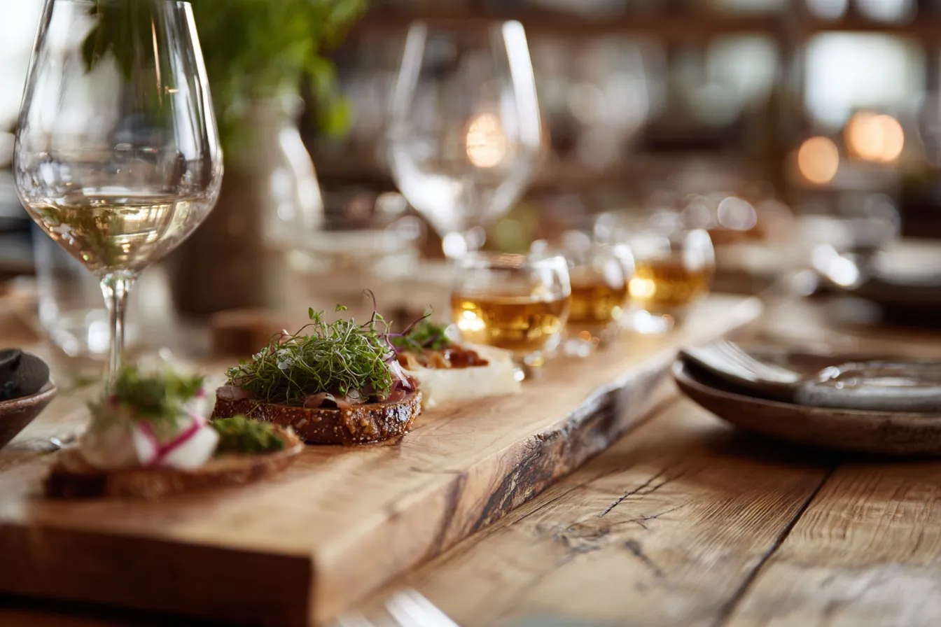 Chef-prepared appetizers on a wooden board with wine glasses and beer tasters at a tasting table