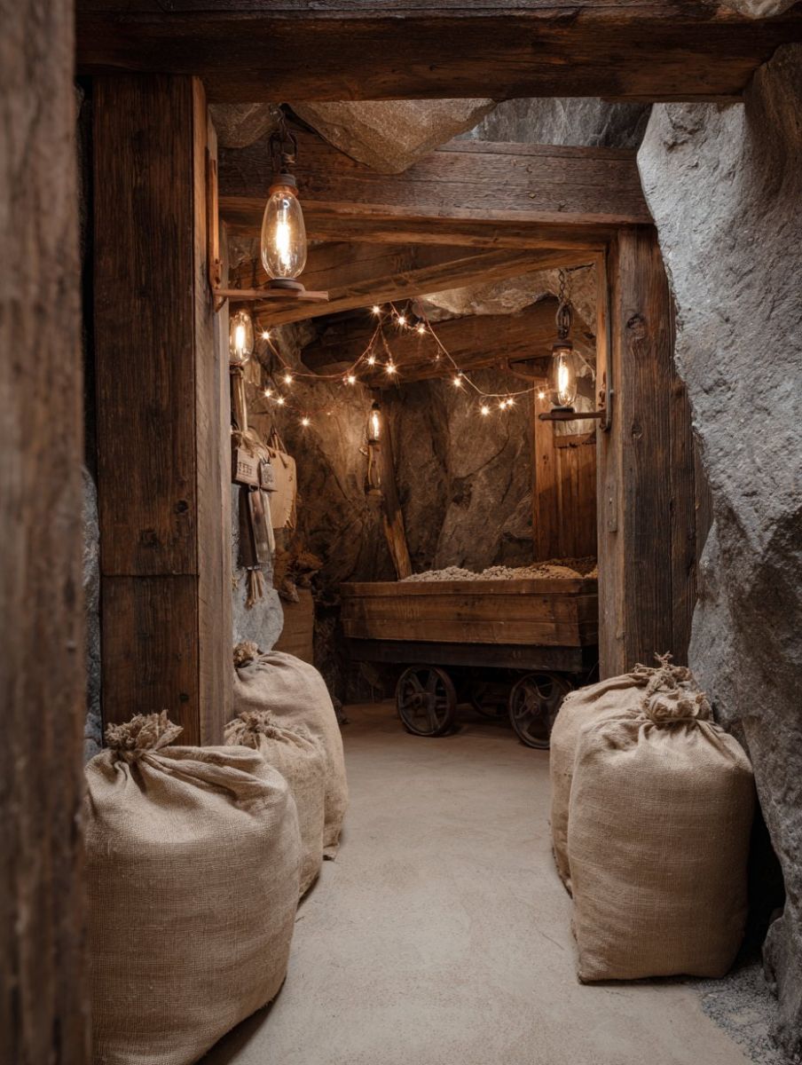 Gold mine themed escape room with rock walls, ore sacks, a mine cart and lanterns
