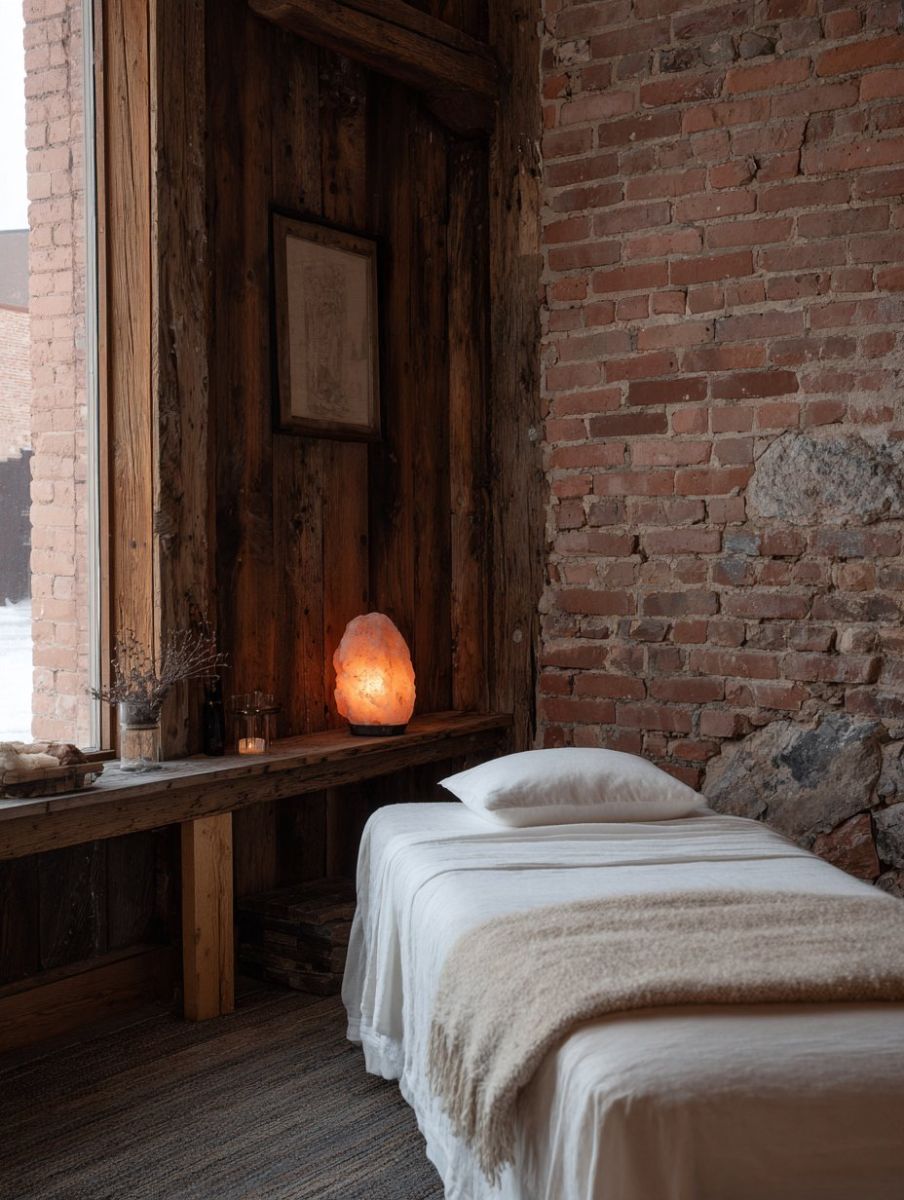 Day spa treatment room with exposed brick, barnwood and a glowing salt lamp