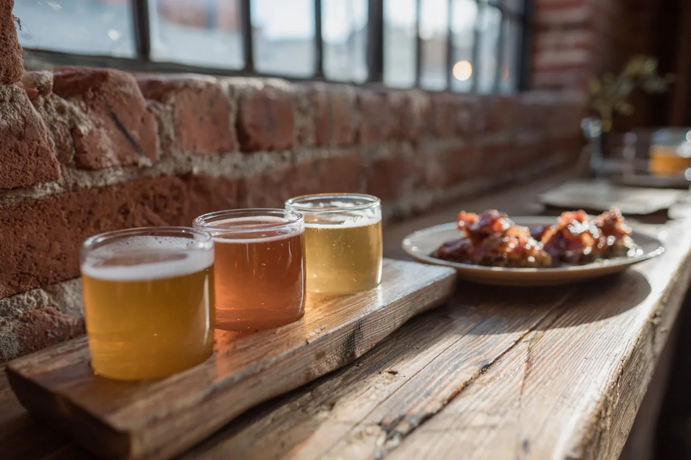 Craft beer flight beside a plate of bacon bites on a rustic bar by a brick wall