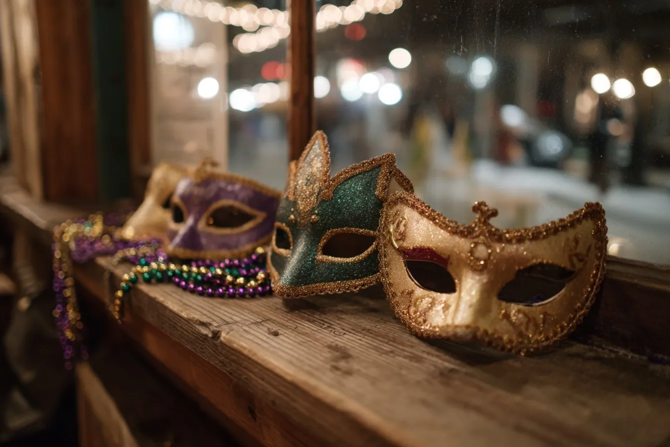 Purple, green and gold Mardi Gras masks and beads on a wooden windowsill with string lights outside