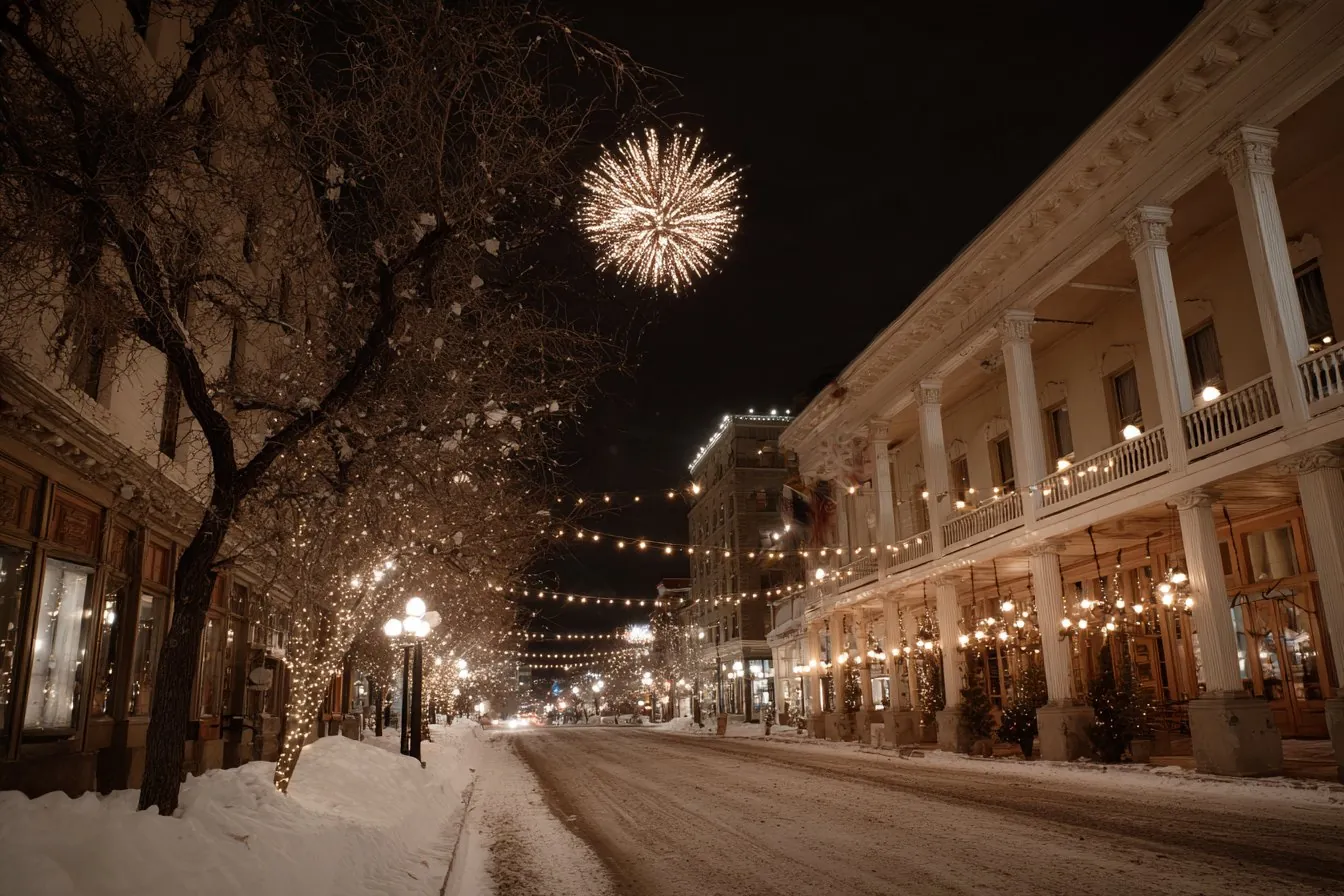 Fireworks over a snowy historic main street lit with string lights and a grand columned hotel