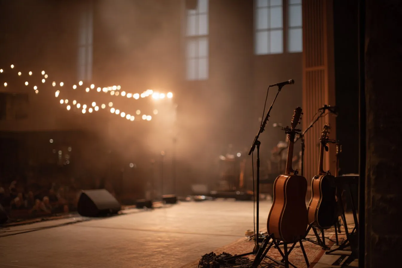 Acoustic guitars and microphone stands on a concert stage under warm lights and string lights