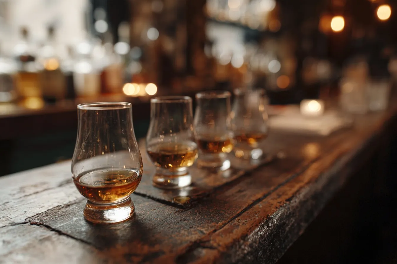 Whiskey tasting glasses lined up on a worn antique saloon bar in warm light