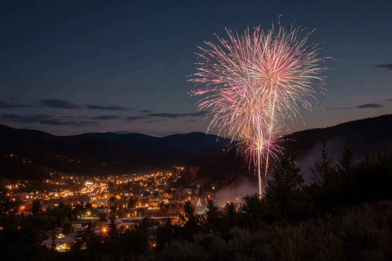 Fireworks bursting over a Black Hills mountain town glowing with lights at dusk