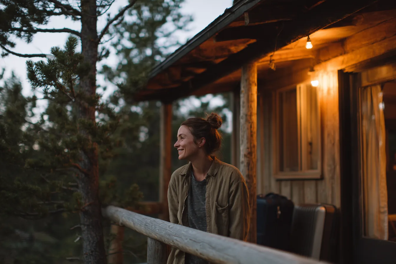 Smiling guest on a lit cabin porch at dusk with luggage by the door