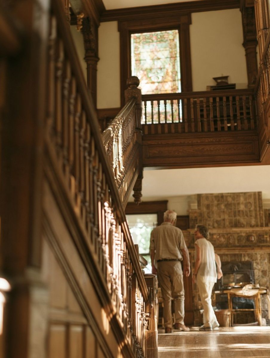 Visitors touring the carved oak staircase and stained glass inside the Historic Adams House in Deadwood