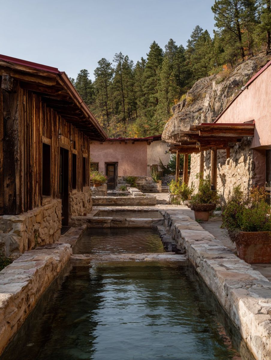 Terraced outdoor mineral spring pools with stone walls and pines in Hot Springs