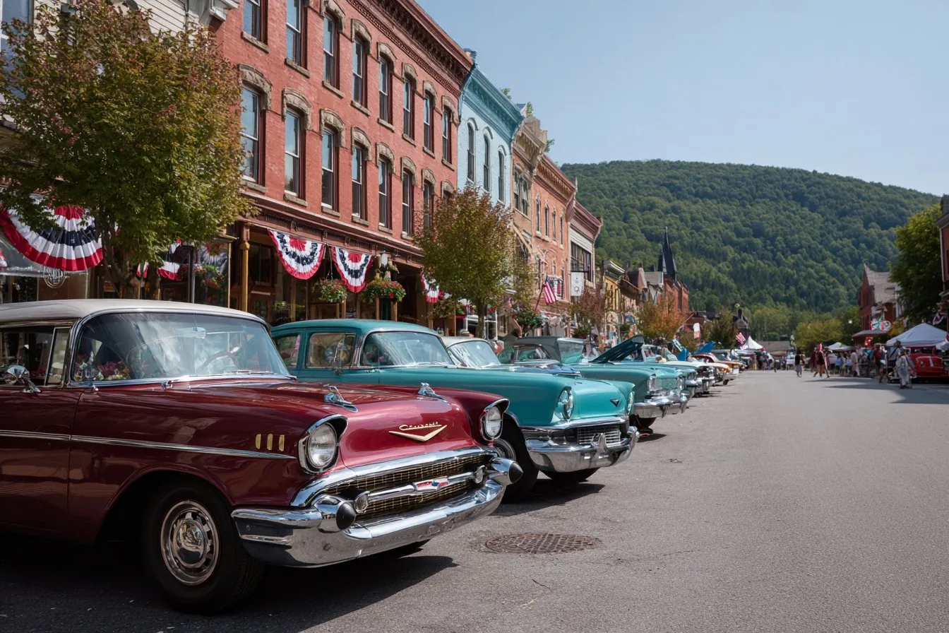 Row of restored 1950s classic cars in red and turquoise parked along a historic brick main street decorated with flag bunting