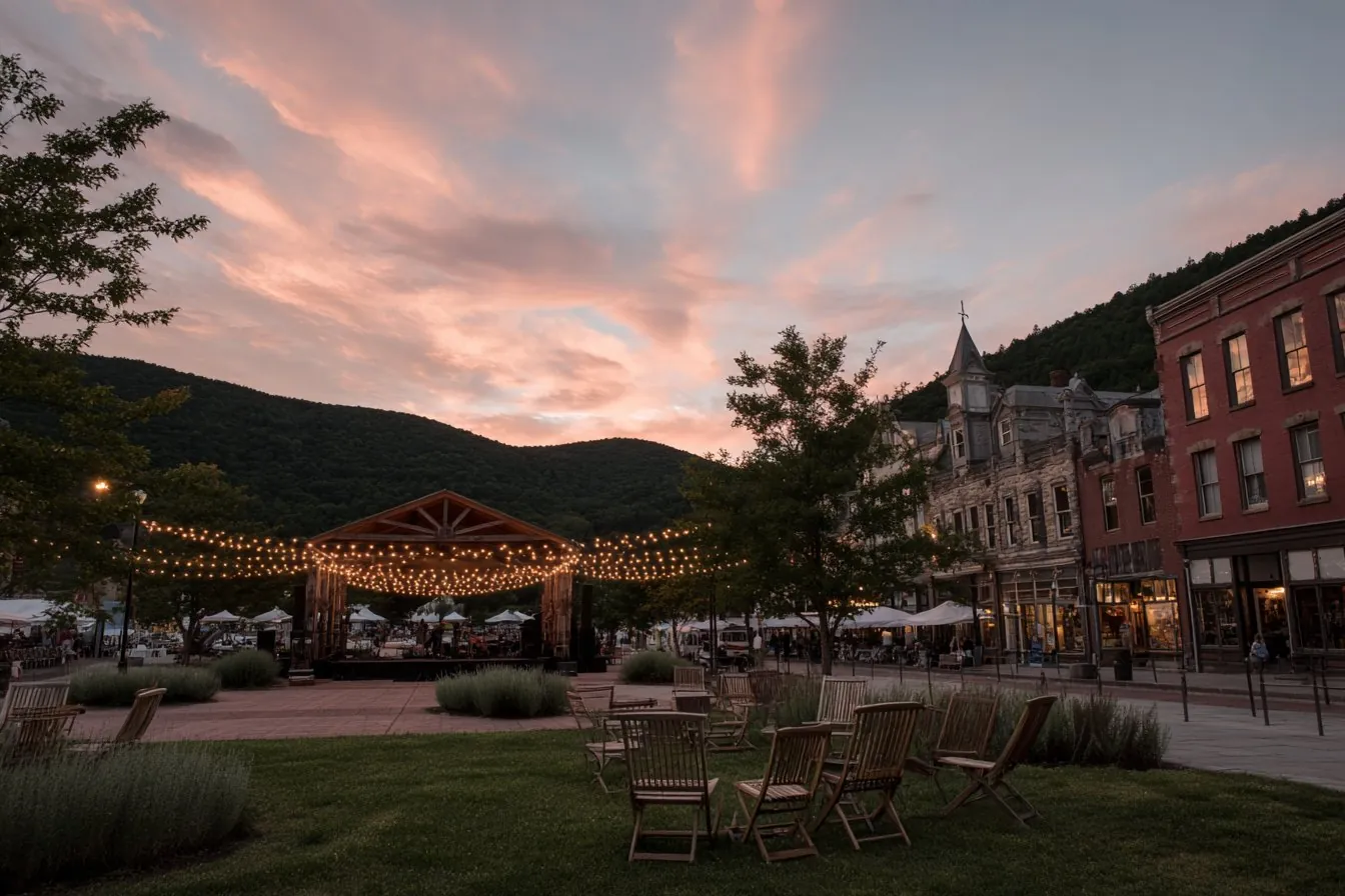 Timber-frame stage wrapped in string lights on a downtown plaza at sunset with wooden lawn chairs and historic buildings