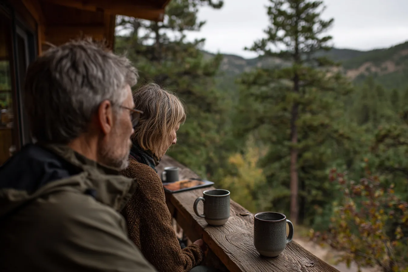 Couple with coffee on the deck of their Black Hills vacation cabin overlooking the pines