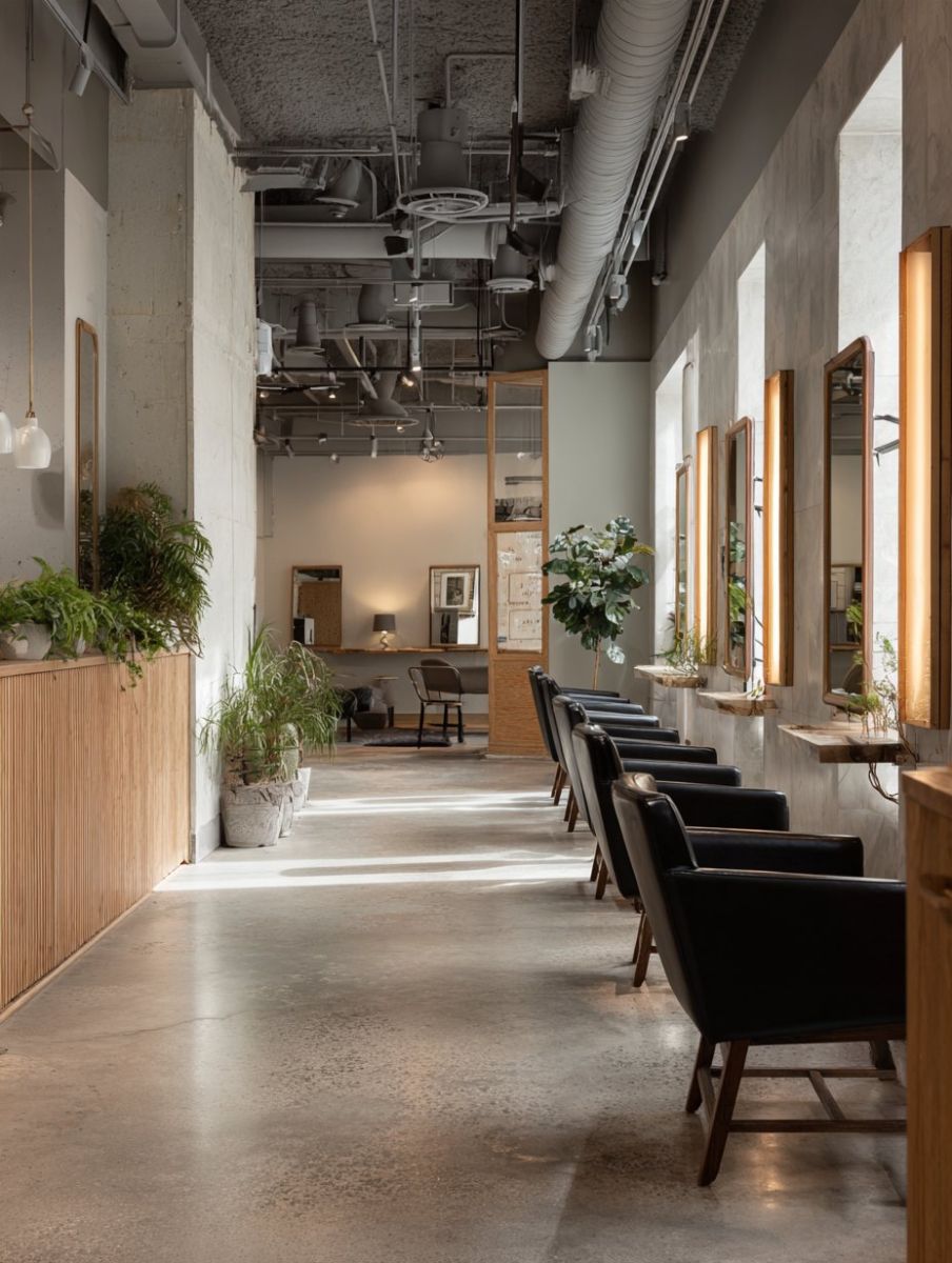 Industrial day spa and salon with black styling chairs and lit mirrors
