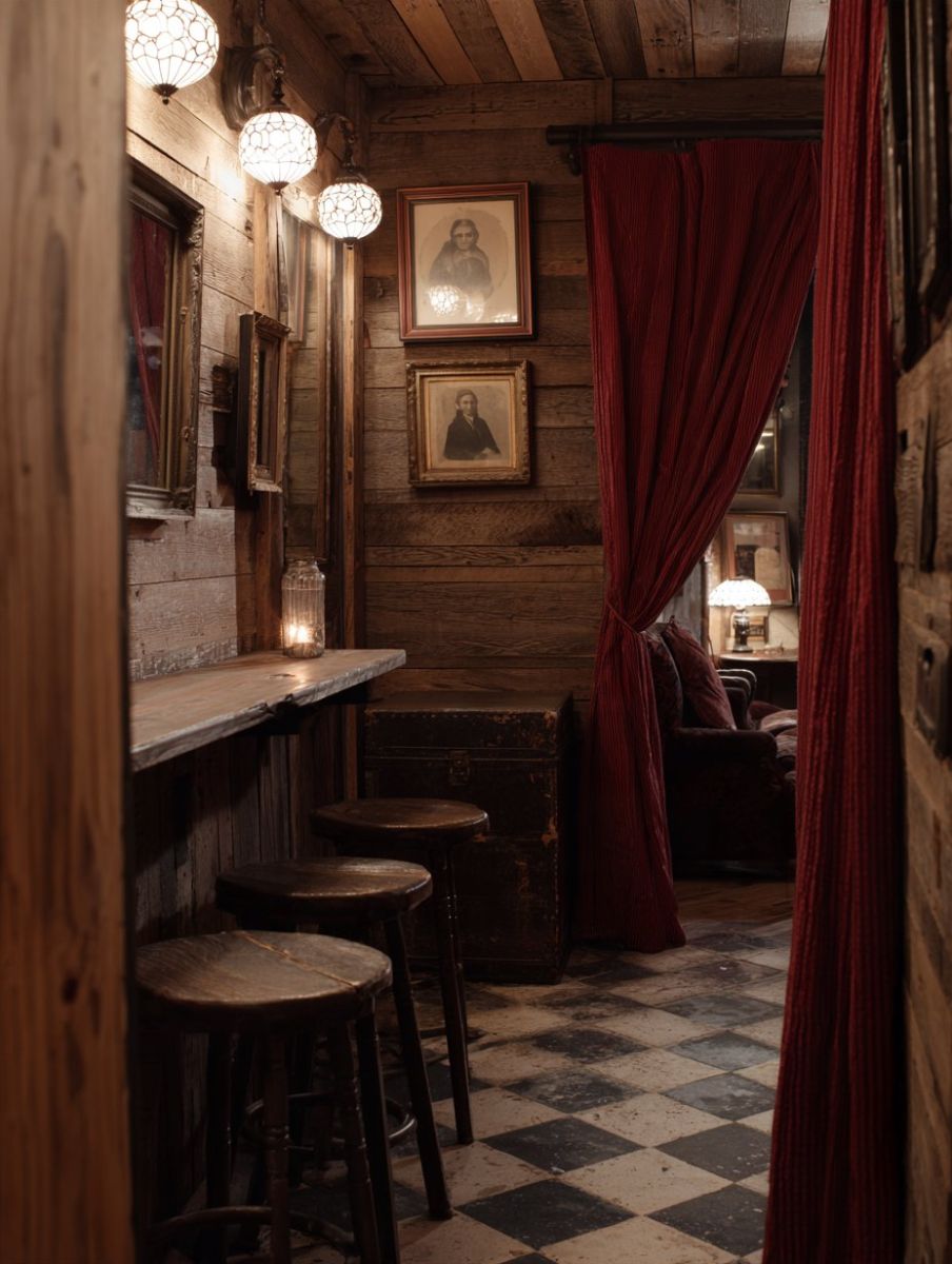 Old West saloon themed escape room with framed portraits, red curtains and a checkered floor