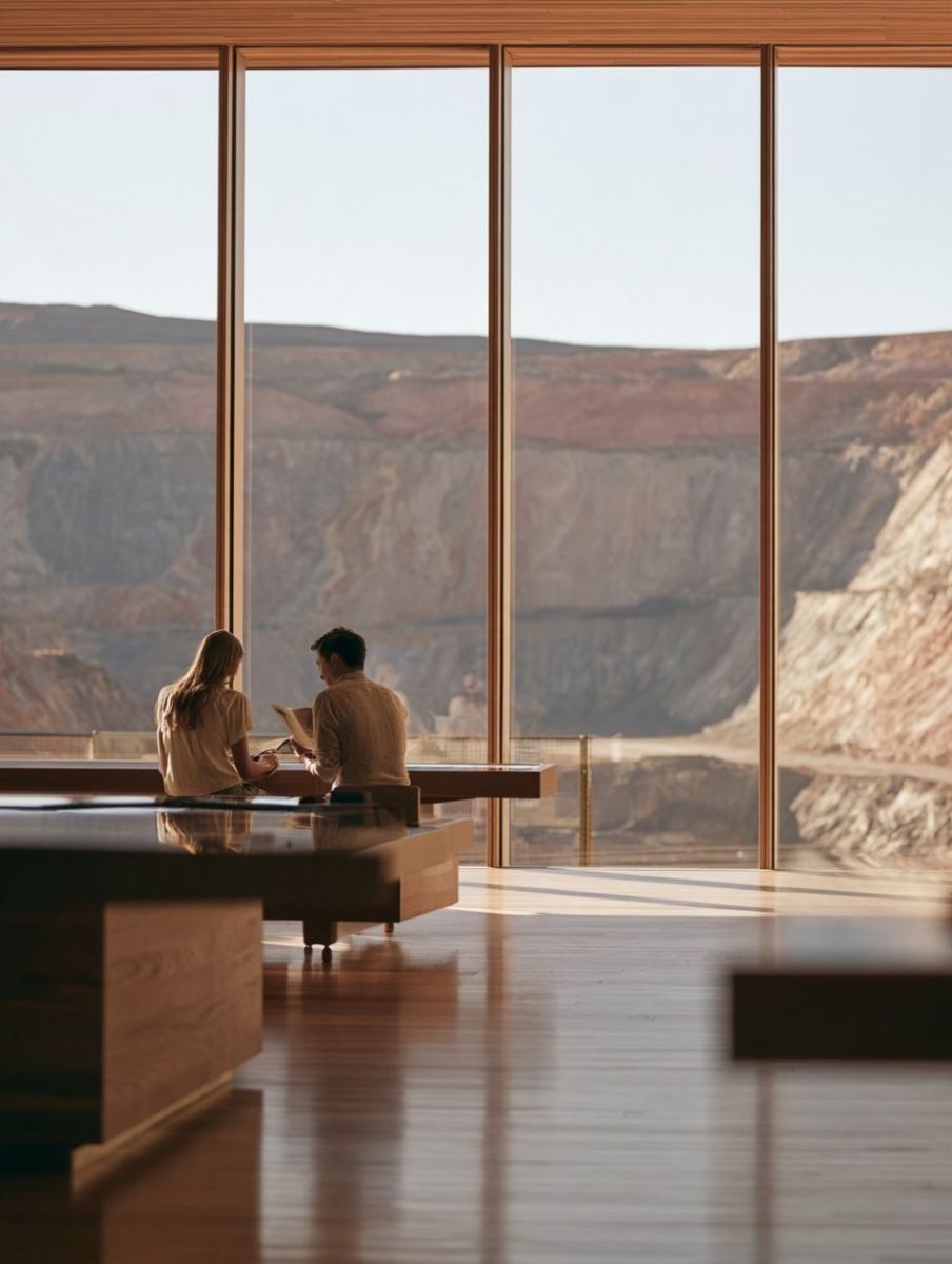 Visitors reading by the windows overlooking the Open Cut at the Sanford Lab Homestake Visitor Center in Lead