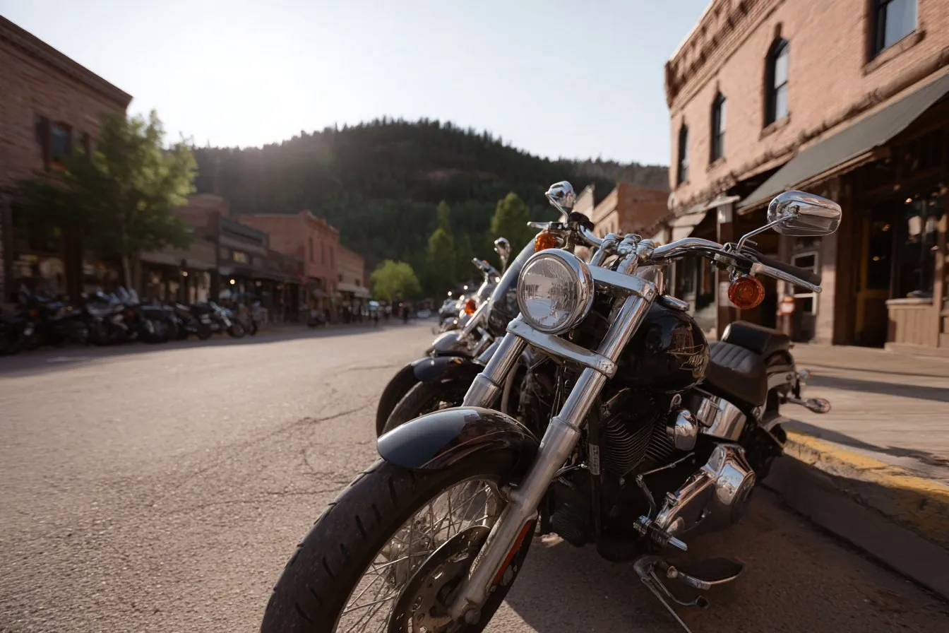 Parked motorcycles lining a historic brick main street with pine-covered hills behind