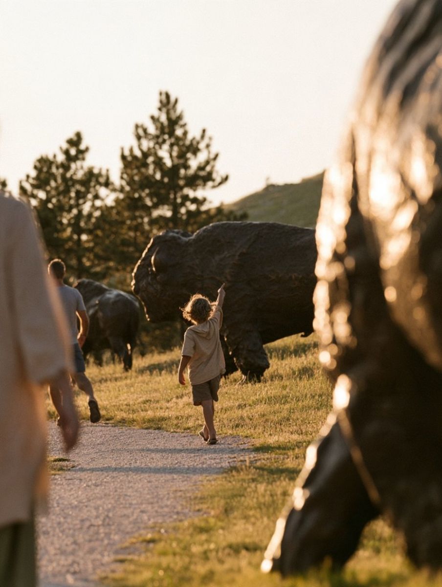 Child points toward a large dark bison statue in a sunlit park as adults walk along a gravel path at sunset.