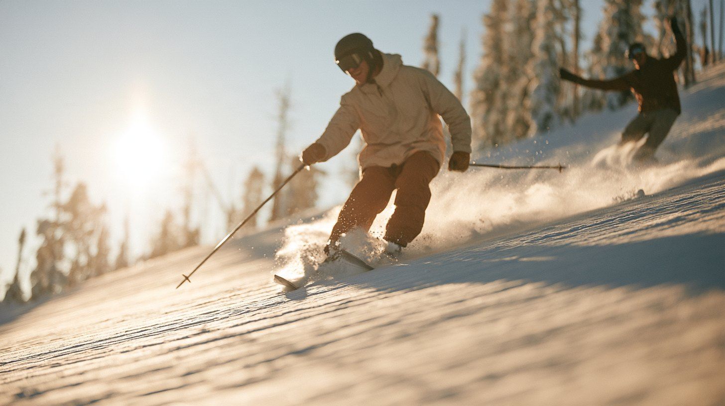 Skier carving a turn on a sunny winter day at Terry Peak in the Black Hills
