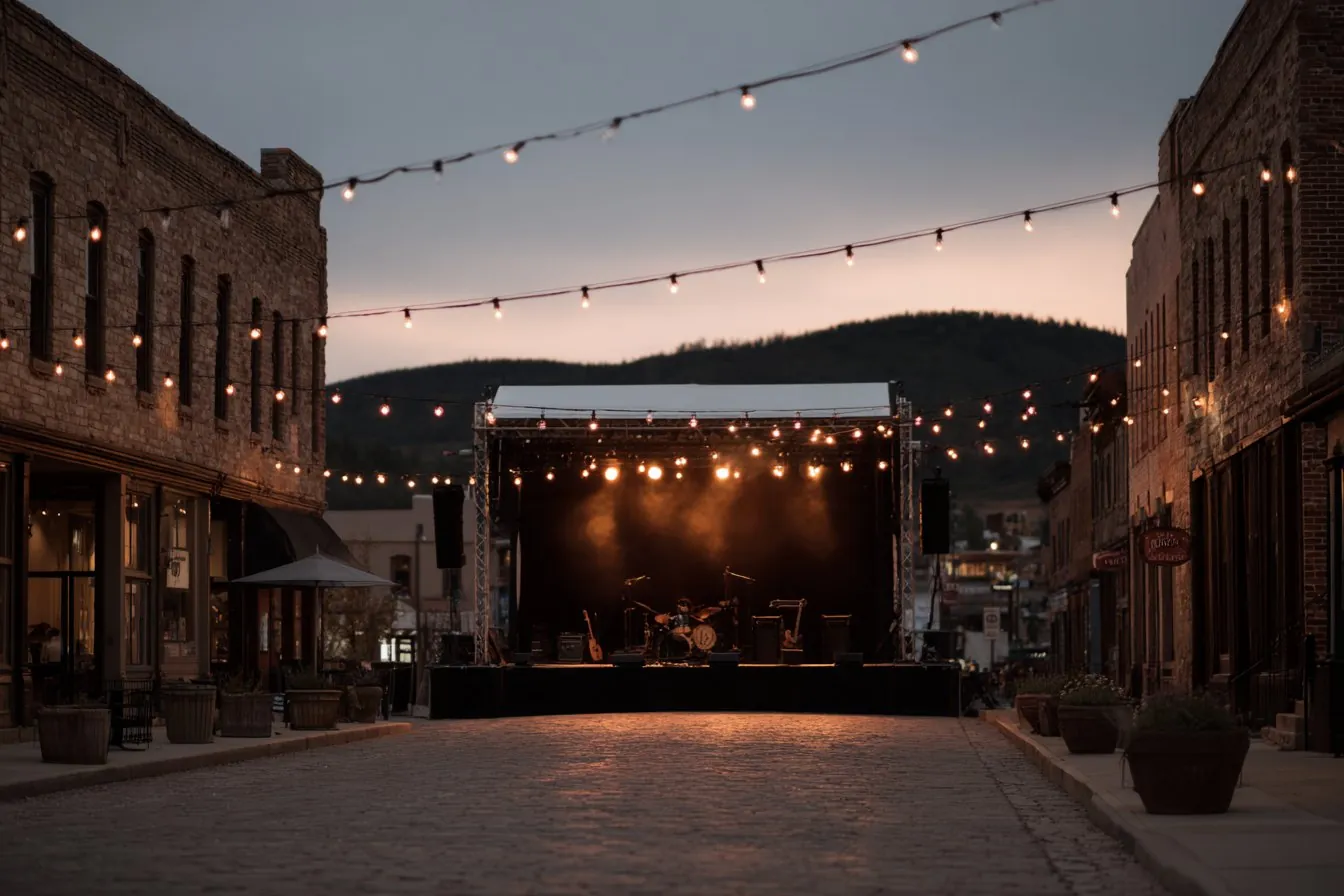 Concert stage under string lights at the end of a historic brick main street at dusk