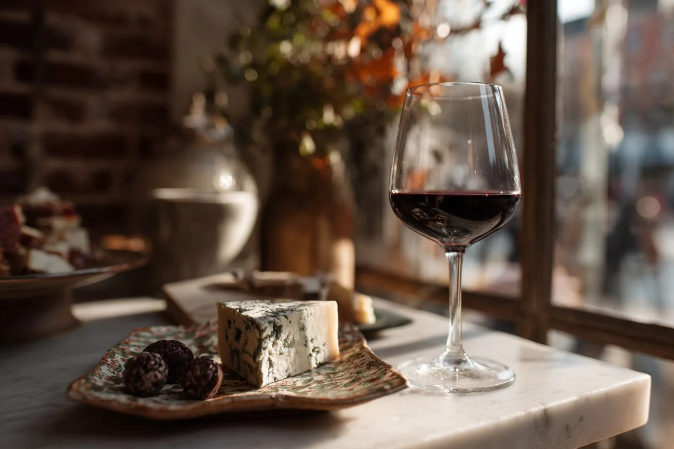 Glass of red wine with blue cheese and chocolate truffles on a marble counter by a shop window in fall